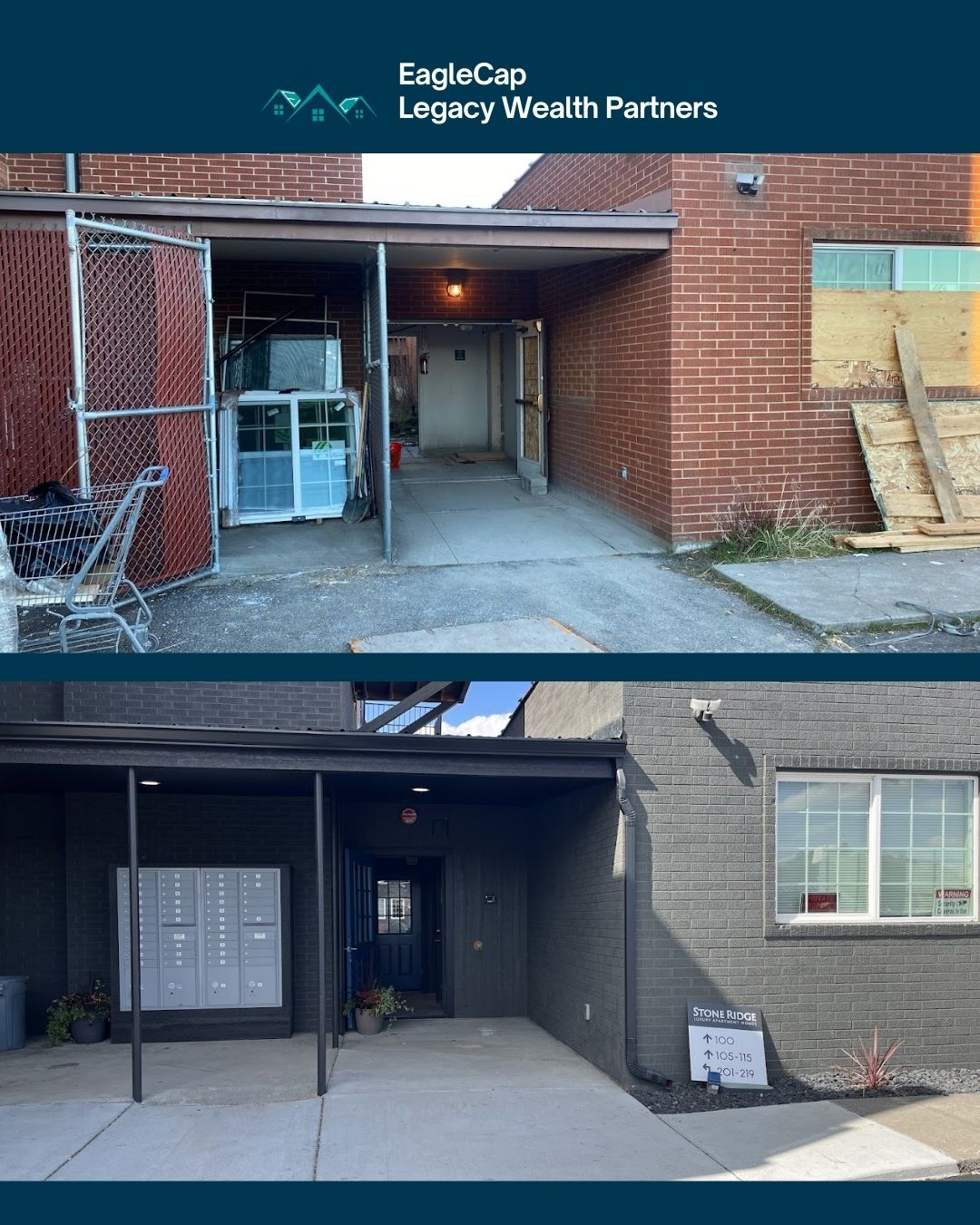 Stone Ridge entrance before and after